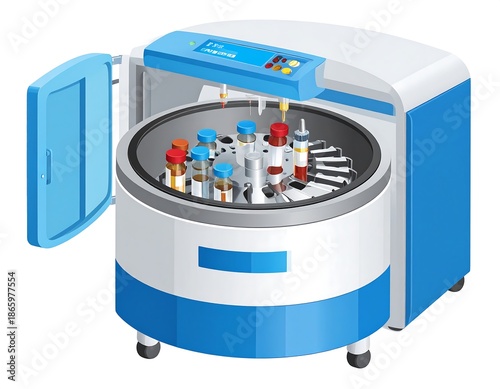 Medical centrifuge with open door, vials of blood, and digital display screen