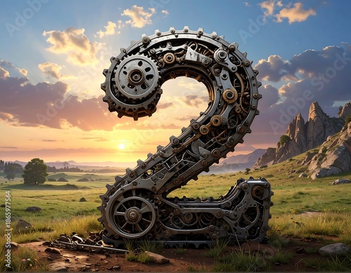 Mechanical number two formed from gears and cogs against a sunset scenic backdrop