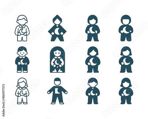 Kids Pajama Icon Set. Kids in pajamas. Icon set. Set Logo of Kids in pajamas: bedtime routine. harmonious logo variations of the same emblematic concept, each