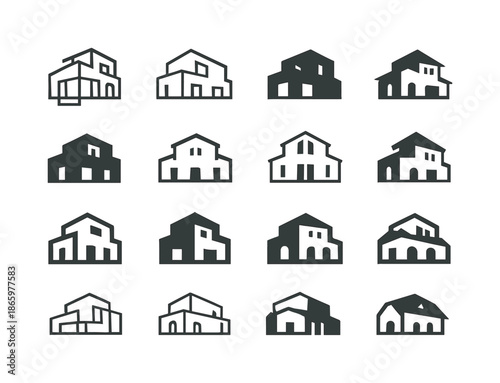 Luxury Villa Icons. Estate. Icon set. Set Logo of Estate: luxury villa outline. harmonious logo variations of the same emblematic concept, each with different