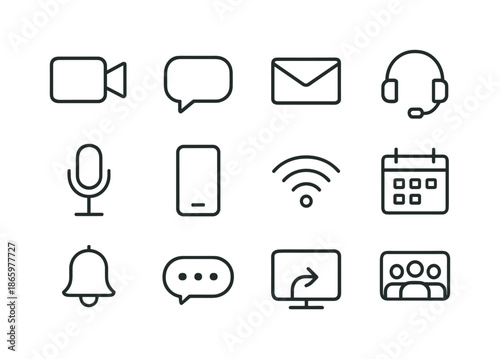 Remote Communication Icons. Remote communication. Line icon set of Remote communication: video call, chat bubble, email envelope, headset,