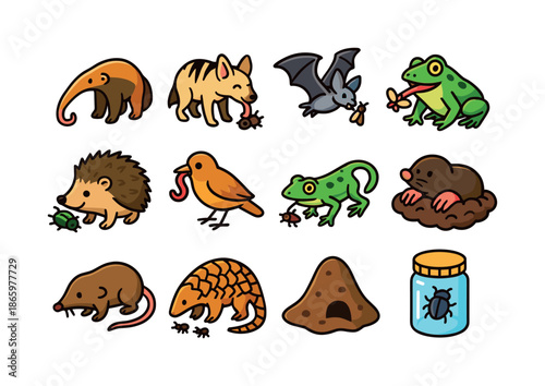 Colorful Insectivore Icons. Insectivores. Colorful isometric vector icons set of Insectivores: anteater with tongue, aardwolf licking insects, bat catching