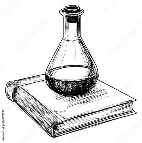 Hand drawn line art illustration of an erlenmeyer flask and book depicting science and learning for education