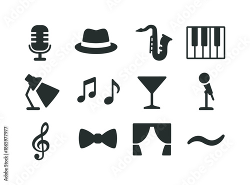 Jazz Icons Collection. Jazz singer. Solid icon set of Jazz singer: vintage mic, fedora hat, saxophone, piano keys, spotlight, music notes, cocktail glass,