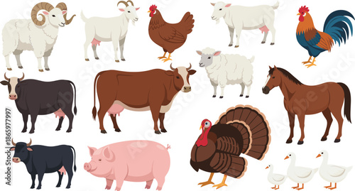 Farm animals cartoon vector set with cow sheep pig horse chicken turkey and goose illustrations isolated