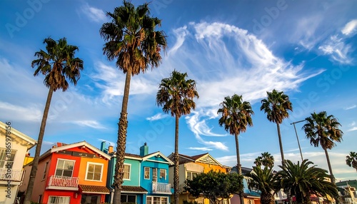 Colorful Houses and Palm Trees Under a Blue Sky with Clouds.