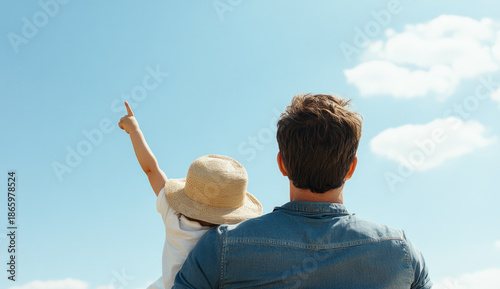 Father Holding Toddler Pointing Upwards In Sunny Park