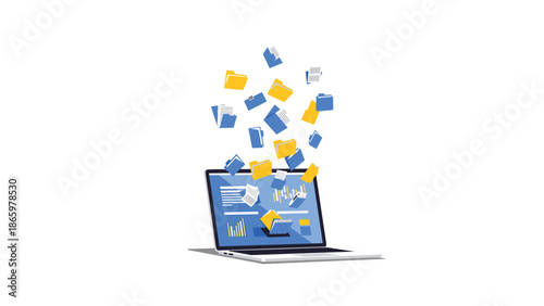 Conceptual illustration depicting data and documents, including various files and folders, digitally flying out of a laptop screen, symbolizing data transfer and management.
