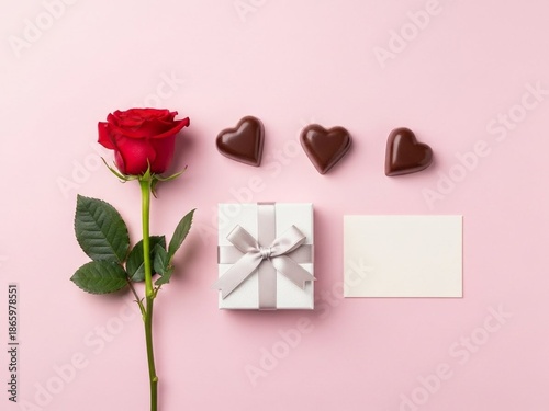 Elegant Minimalist Valentine's Day Flat Lay with Rose, Gift, Chocolates and Copy Space

