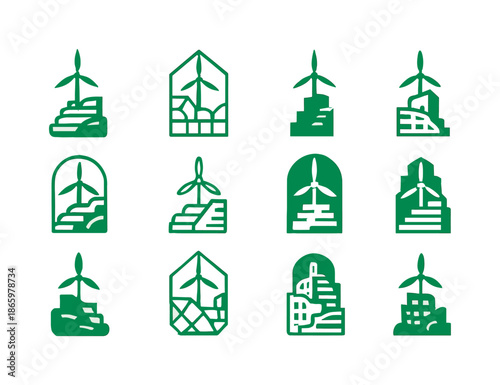 Solar Punk Architecture Icons. Solar punk architecture fans. Icon set. Set Logo of Solar punk architecture: wind turbine tower. harmonious logo variations of