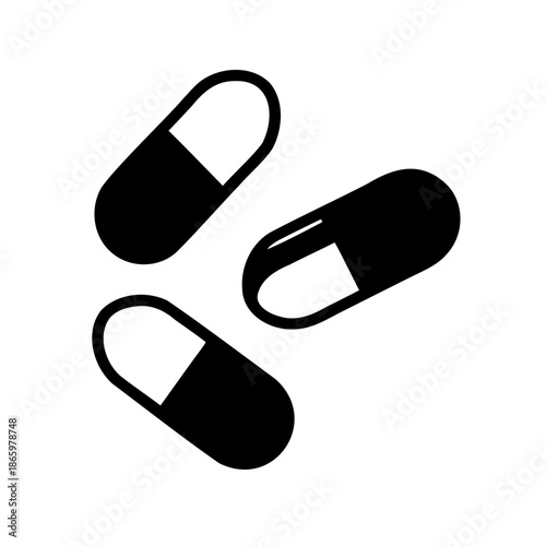 Minimalist illustration of three monochrome capsules representing medicine and healthcare