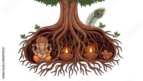 Hindu deity ganesha sitting under tree roots with lit diyas and peacock feather, symbolizing spirituality and culture with symbolism and traditional