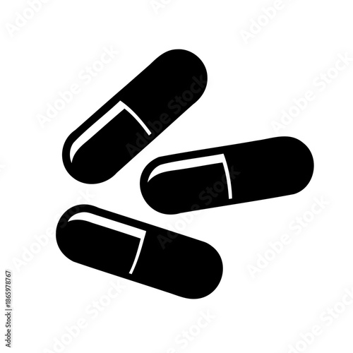 Simple black and white graphic of three capsule pills on white backdrop