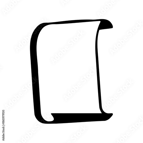 Stylized black and white illustration of a blank scrolled piece of paper