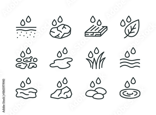 Wet Surface Line Icons. Wet surfaces. Line icon set of Wet surfaces: soil, stone, wood, leaf, mud, puddle, grass, clay, sand, rock, pebbles, water pool. All