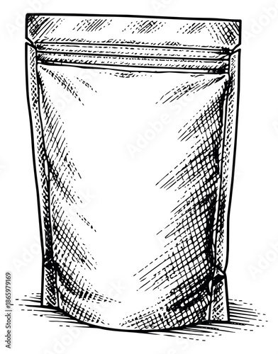 Hand drawn line art illustration of a stand up pouch depicting an empty blank package for product branding and packaging design