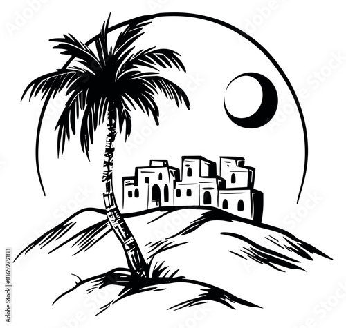 Hand drawn line art illustration of a desert oasis depicting traditional village buildings with a palm tree and crescent moon for travel and tourism