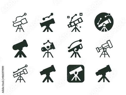 Astronomy Tech Logos. Astronomy and technology integration. Icon set. Set Logo of Astronomy and technology integration: telescope. harmonious logo variations