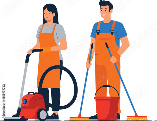 Professional cleaning service workers vector illustration with vacuum mop and bucket home office sanitation concept isolated