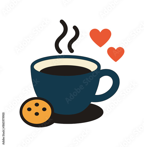 Espresso and Cookie Delight. Espresso with sweet treat. A steaming cup sits beside a tiny cookie, curved shapes emphasizing warmth and comfort. Floating hearts