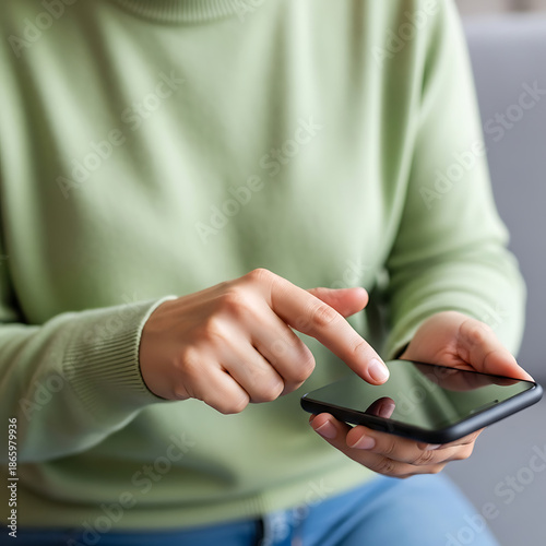 Woman interacting with smartphone wearing green sweater