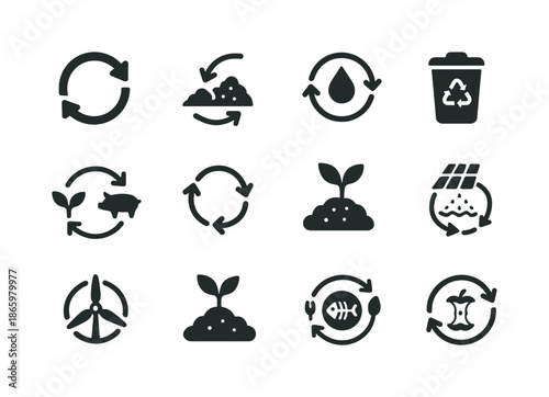 Closed-Loop System Icons. Closed-loop systems. Solid icon set of Closed-loop systems: circular arrows, compost to soil, water reuse, plant-animal cycle,