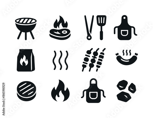 Sizzling Barbecue Icons. Sizzling barbecue. Solid icon set of sizzling barbecue: grill, flaming steak, tongs, spatula, charcoal bag, smoke lines, skewers,