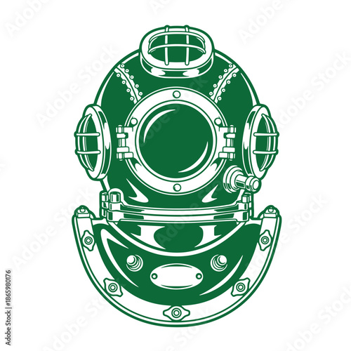 Green vintage diving helmet illustration isolated on white background for ocean exploration and scuba diving concepts