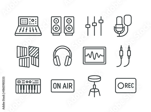 Music Studio Icons. Music studio. Line icon set of Music studio: control desk, monitor speakers, mixing sliders, studio mic, acoustic panels, headphones,