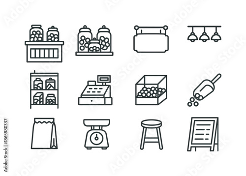 Candy Shop Icons. Candy Shop Interior. Line icon set of Candy Shop Interior: counter, candy jars, hanging sign, lights, shelf, cash register, display box,