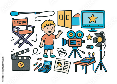 Film Set Adventure. Touring a film set. Colorful Hand-drawn doodle Children illustration Touring a film set director chair, clapperboard, film camera, studio