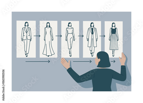 Fashion Show Planning. Runway lineup planning. The designer arranges outfit sketches in sequence, arrows showing flow and movement for the final