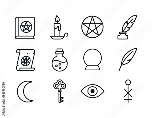 Occult Icon Set. Occult study. Line icon set of Occult study: spellbook, candle, pentagram, quill, scroll, potion, crystal ball, feather, moon, key, eye,