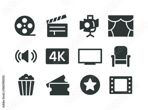 Cinematic Icon Set. Cinematic experience. Solid icon set of cinematic experience: film reel, clapperboard, spotlight, theater curtain, surround sound icon, 4K