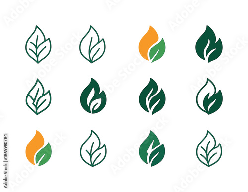 Renewable Energy Icons. Renewable energy adoption. Icon set. Set Logo of renewable energy adoption: biomass leaf flame. harmonious logo variations of the same