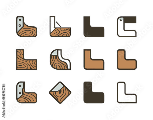 Rustic Icon Set. Wood and metal combo. Icon set. Set Logo of wood and metal combo: rustic furniture corner. harmonious logo variations of the same emblematic