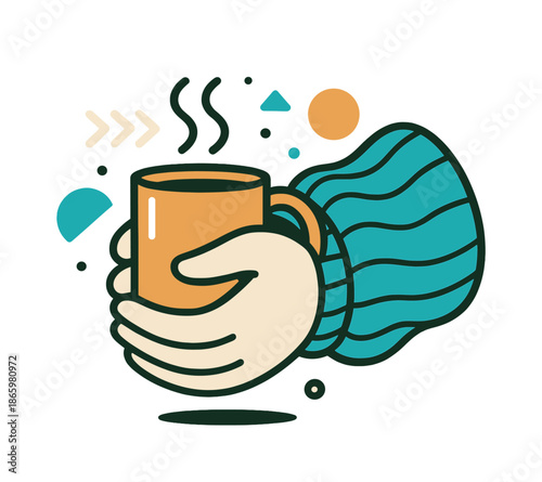 Cozy Knit Sleeve. Sweater sleeve. A cozy knit sleeve gently folds over a hand holding a warm mug; soft stitched patterns float above. Modern