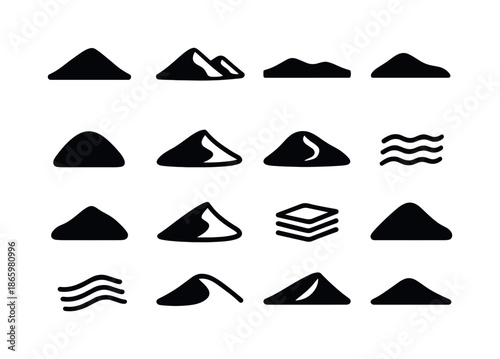 Sand Dune Icons. Sand dunes. Solid icon set of Sand dunes: single dune, double dune, ridge line, sandy mound, wind shape dune, dune waves, desert mound, dune