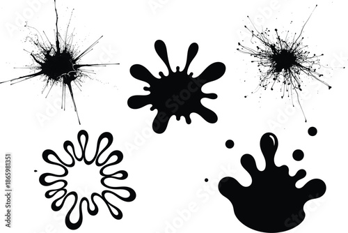 Inkblot patterns and artistic splatters on white background