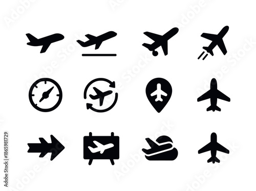Flight Icon Set. Flight icons. Solid icon set of Flight icons: airplane silhouette, flight takeoff, landing gear down, jet trail, airspeed icon, travel arrow,