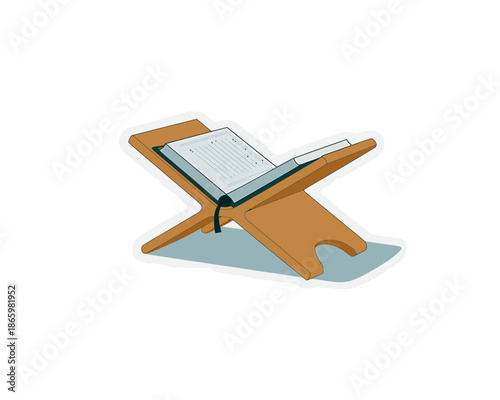 An open holy book, possibly the quran, resting on a traditional wooden rehal stand