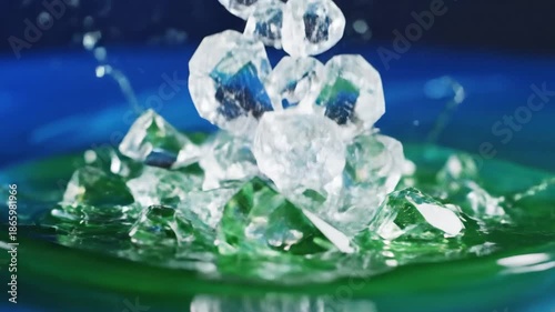 Ice crystals cascade into a sapphire abyss, creating a splash of liquid light with fractured reflections.
