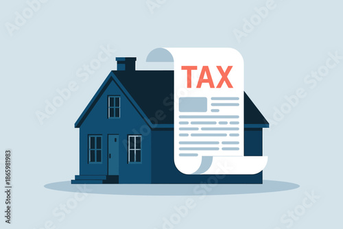 Property tax concept illustration showing a house with a large tax document