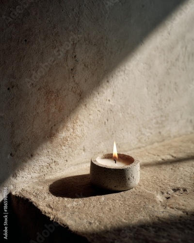 Minimal candle on stone surface in soft natural light