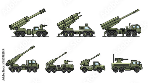 Comprehensive set of military artillery and missile vehicles in various configurations, showcasing modern ground-based defense and attack capabilities.