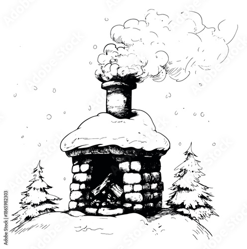 Hand drawn line art illustration of a stone fireplace with chimney depicting smoke rising and snow falling for the winter holiday season
