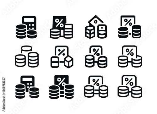 Interest Calculation Icons. Calculating interest on savings. Icon set. Set Logo of Calculating interest on savings: stack of coins. harmonious logo variations