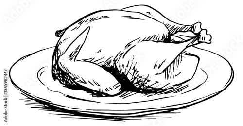 Hand drawn line art illustration of roasted chicken depicting a whole bird on a plate for holiday dinners and restaurant menus