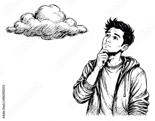 Hand drawn line art illustration of a young man looking up at a cloud depicting contemplation for new ideas and mental processes