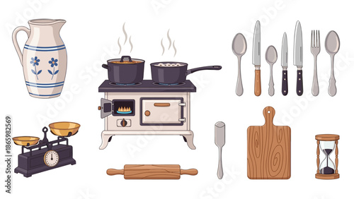Assortment of vintage kitchen items including an old stove, cooking pots, cutlery, scales, a rolling pin, and a cutting board, representing traditional cooking and household.